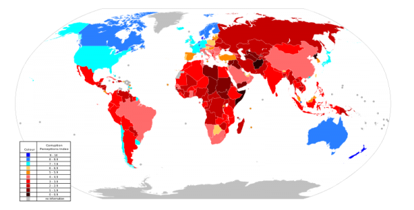 Legenda: Visão geral da corrupção no mundo. O fenômeno é mais frequente nos países pintados de preto. Na sequência vêm os tons de vermelho e amarelo. Os países menos corruptos estão assinalados em azul e azul-escuro.