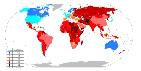 Legenda: Visão geral da corrupção no mundo. O fenômeno é mais frequente nos países pintados de preto. Na sequência vêm os tons de vermelho e amarelo. Os países menos corruptos estão assinalados em azul e azul-escuro.