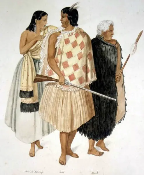 Ilustração de trajes e armas dos maoris, feita em 1846.