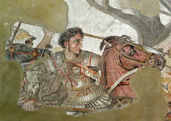  Alexandre Magno e seu cavalo Bucéfalo. O afresco foi encontrado nas ruínas de Pompeia.